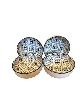 Orly Maison Bowls New York ~ Blue & White Square Pattern Geometric Set of 4